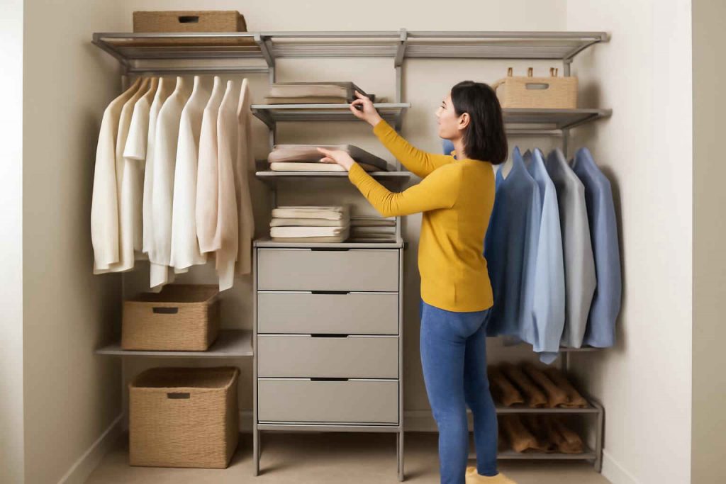 Small walk-in closet with modular closet organizer system and organized clothes