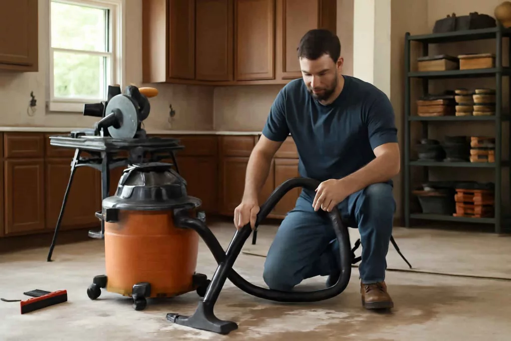 Home renovation scene with a wet-dry vacuum cleaning up dust and water, surrounded by tools