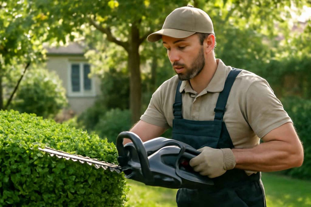 Gardener using a cordless electric hedge trimmer in a small home garden