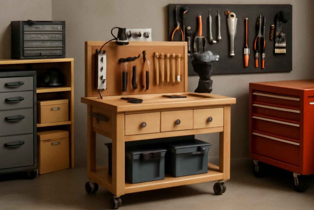 Wooden rolling tool cart with retractable power strip in a garage workshop