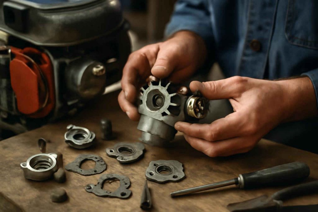 Close-up of hands disassembling a lawn mower carburetor on a workbench