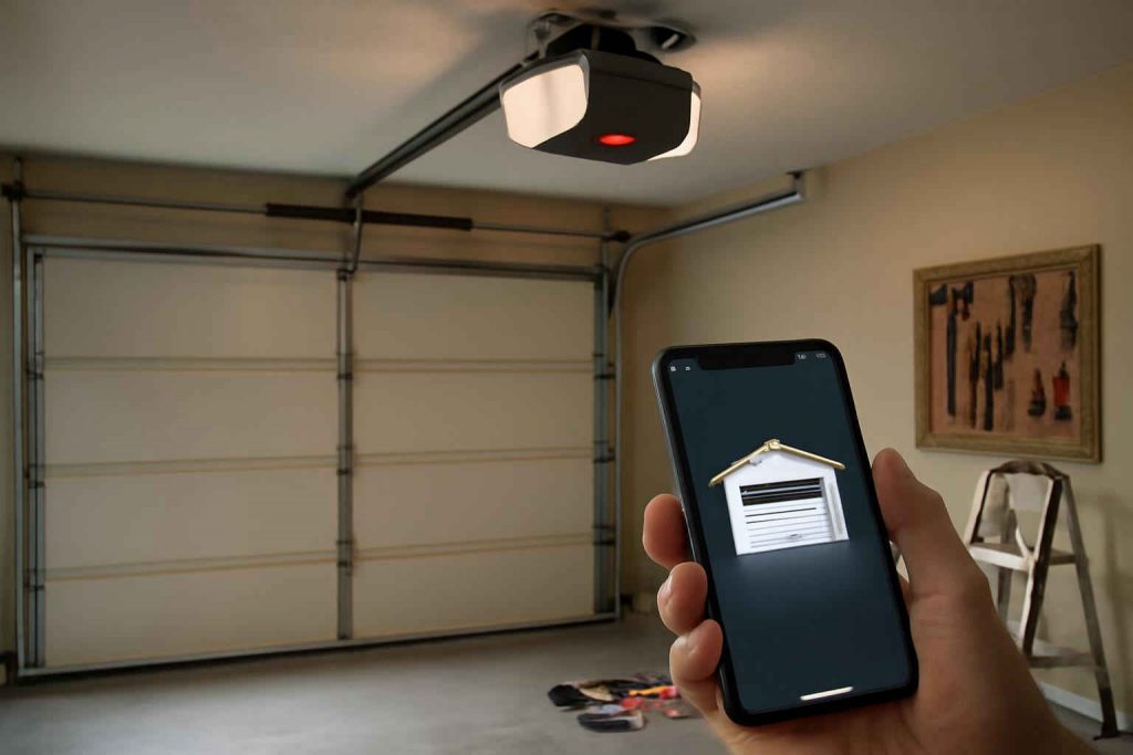 Smart garage door opener installed in a suburban home garage with smartphone control