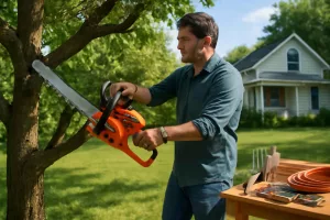 Homeowner using a battery-powered chainsaw in a sunny American backyard