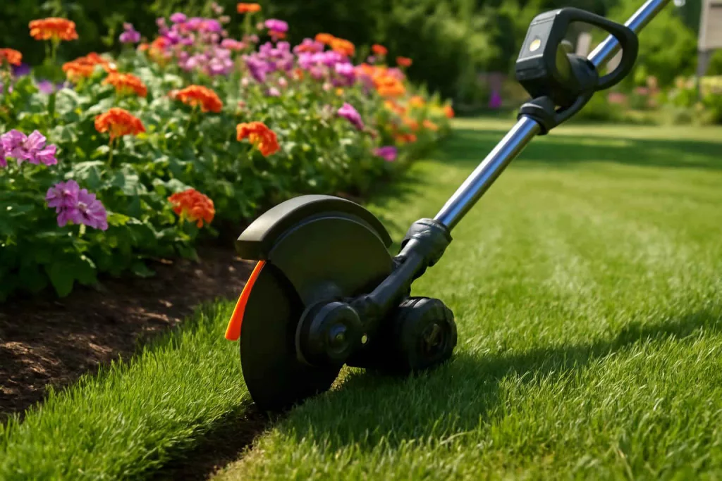 Battery-powered lawn edger trimming a garden border near flower bed