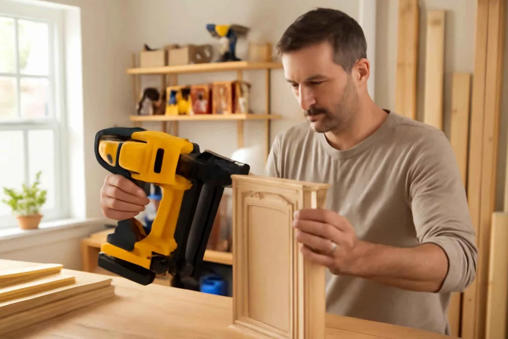 Person using a cordless brad nailer to install trim in a home workshop