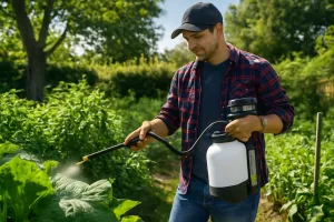 Cordless electric garden sprayer in use in a backyard vegetable garden