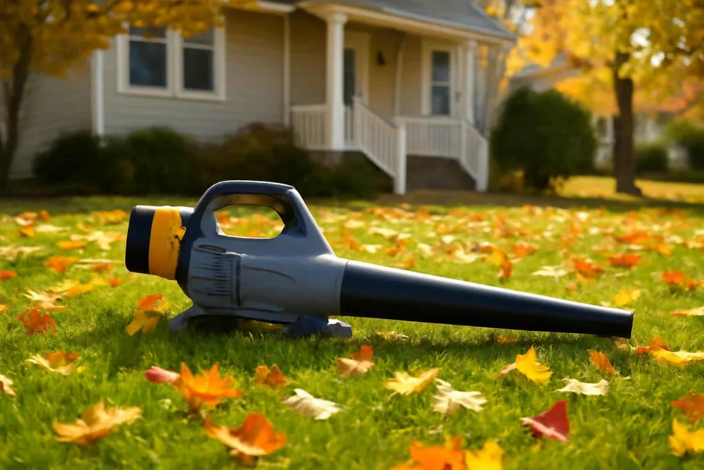 Cordless electric leaf blower on a suburban lawn with autumn leaves