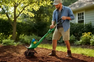 Cordless garden cultivator tilling soil in a small garden