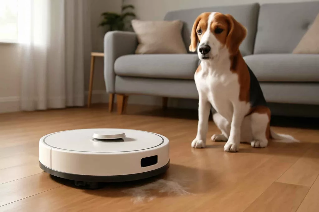 Cordless robot vacuum mop cleaning pet hair on a hardwood floor