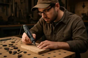 Person using a cordless rotary tool for engraving in a workshop