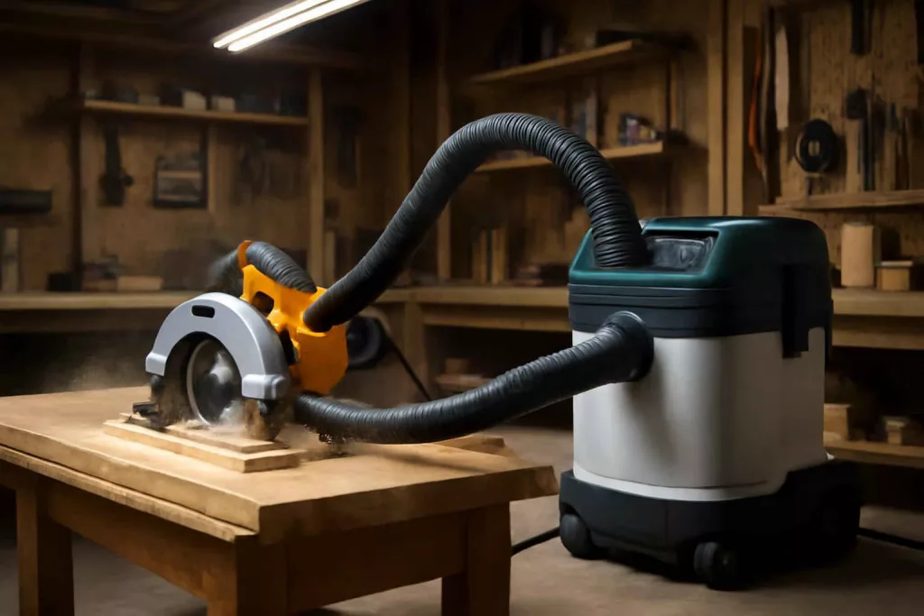 Dust extractor connected to a power tool in a home workshop