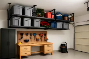Spacious garage workshop with ceiling-mounted steel storage racks holding bins and equipment