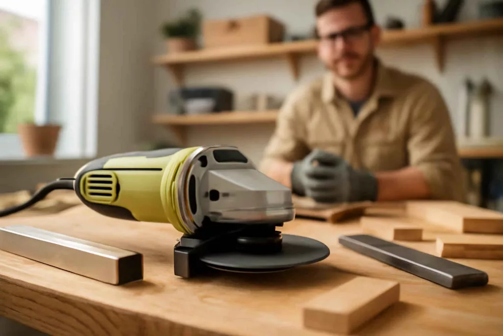 Low vibration angle grinder on a workbench