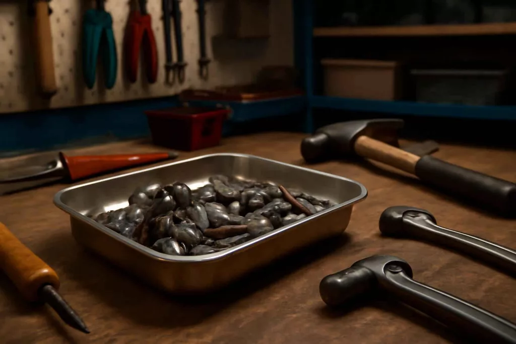 Magnetic parts tray on a workshop bench holding screws and nuts