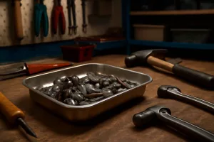 Magnetic parts tray on a workshop bench holding screws and nuts