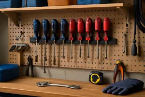 Magnetic screwdriver set organized on a magnetic holder in a workshop