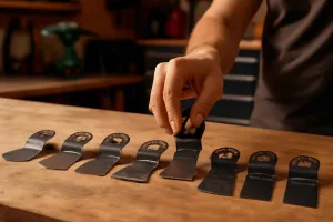 Assorted oscillating multi-tool blades on a wooden workbench in a workshop, with a hand picking one blade