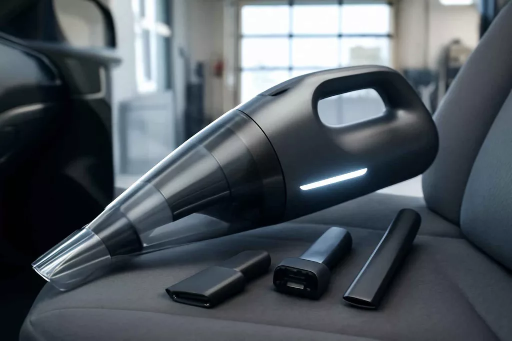 Portable car vacuum with attachments on a car seat