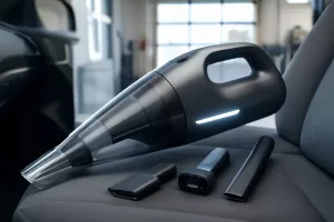 Portable car vacuum with attachments on a car seat