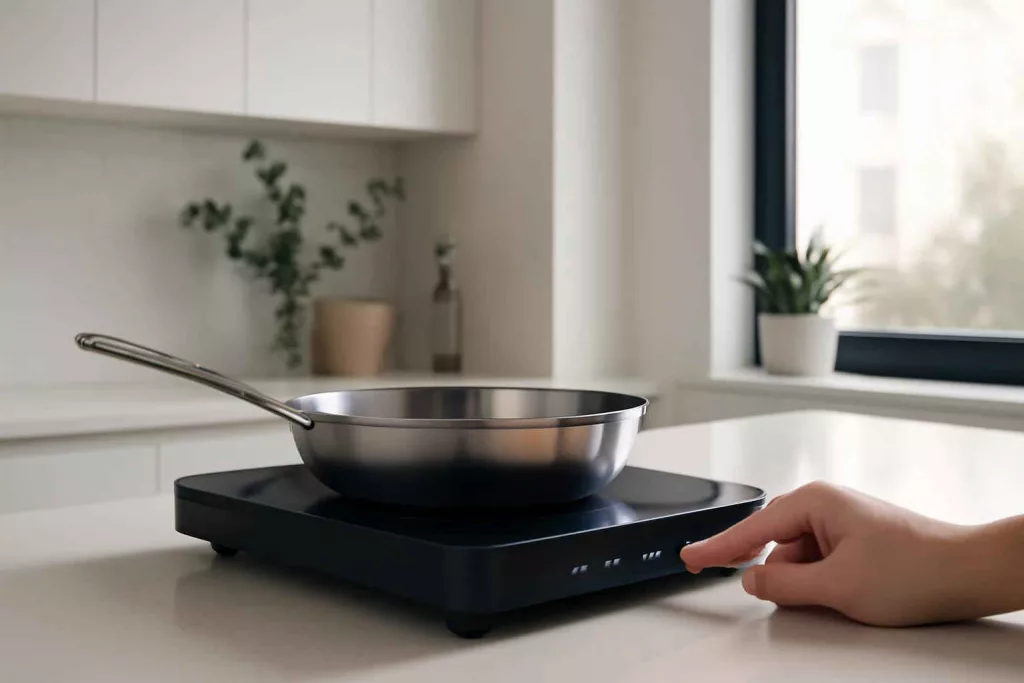 Portable induction cooktop on a modern apartment kitchen countertop