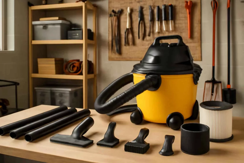 Shop vacuum with various attachment accessories for workshop cleaning
