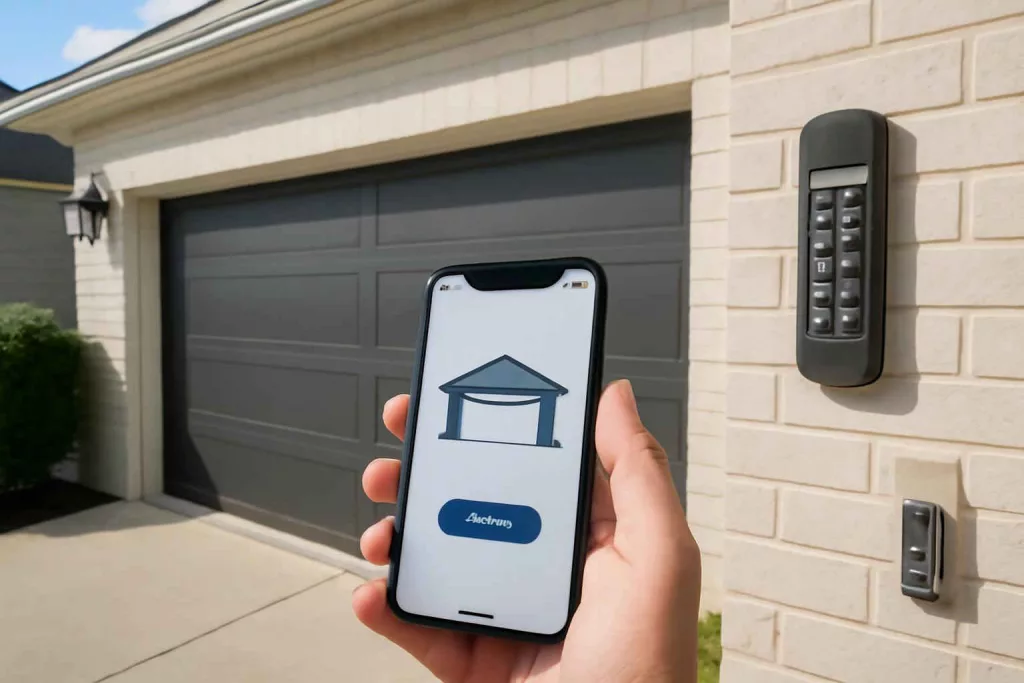 Person holding smartphone showing smart garage door opener app next to a garage door
