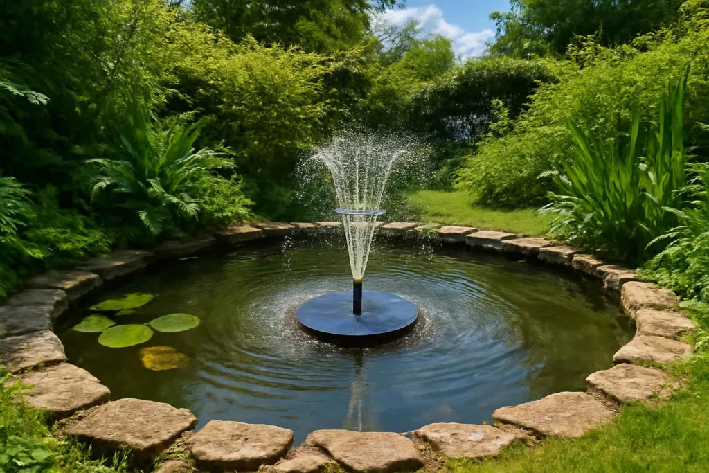 Solar powered pond pump creating fountain in backyard garden pond