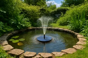 Solar powered pond pump creating fountain in backyard garden pond