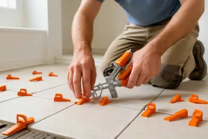 DIY enthusiast using a tile leveling system for bathroom floor installation