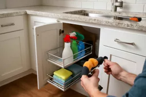 Under-sink pull-out cabinet organizer holding cleaning supplies
