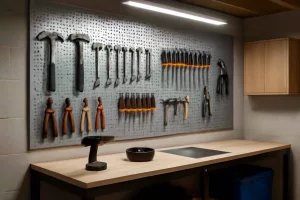 Modern wall-mounted pegboard system with tools organized in a garage workshop