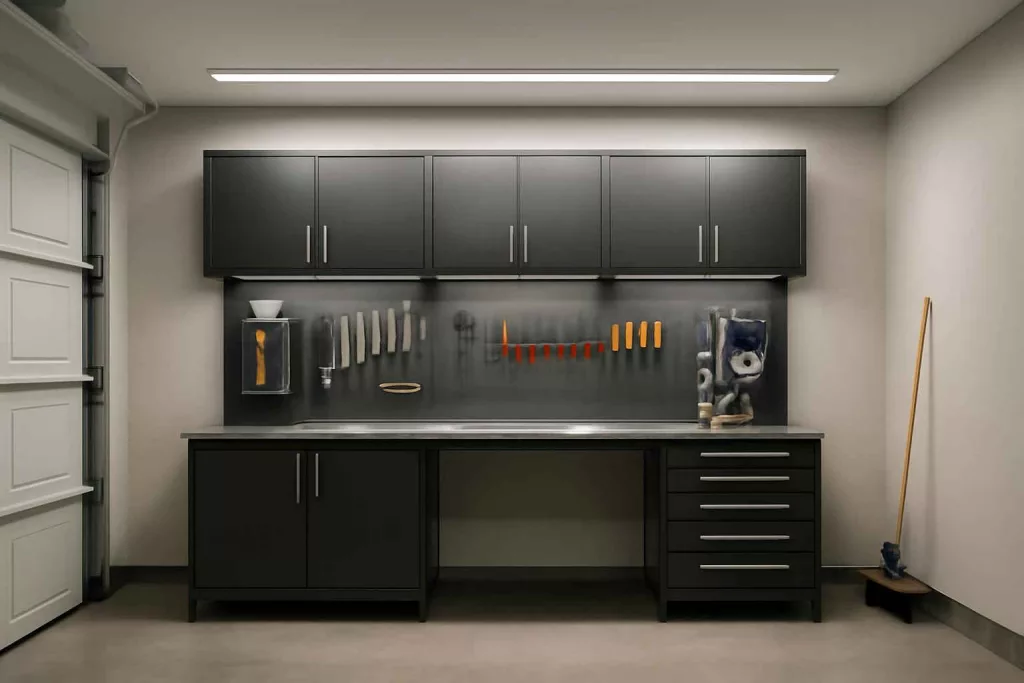 Wall-mounted tool cabinet installed in a home garage workshop