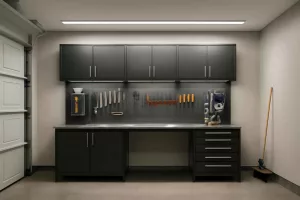 Wall-mounted tool cabinet installed in a home garage workshop