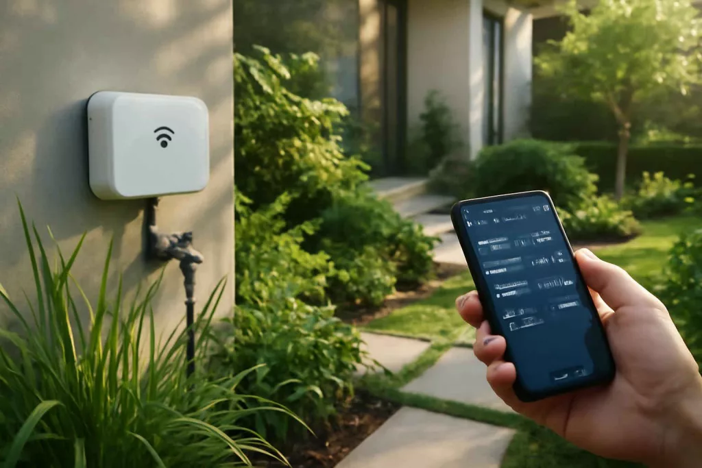 Wi-Fi smart irrigation controller mounted on home garden wall with smartphone schedule