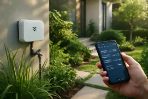 Wi-Fi smart irrigation controller mounted on home garden wall with smartphone schedule