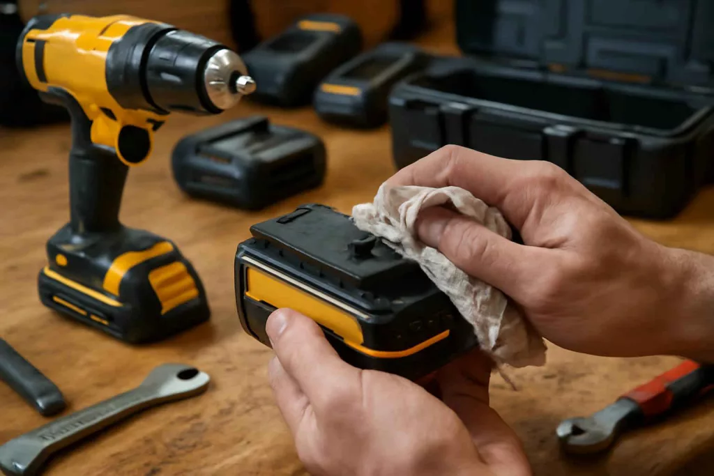 Cordless power drill battery being cleaned and maintained on a workshop bench