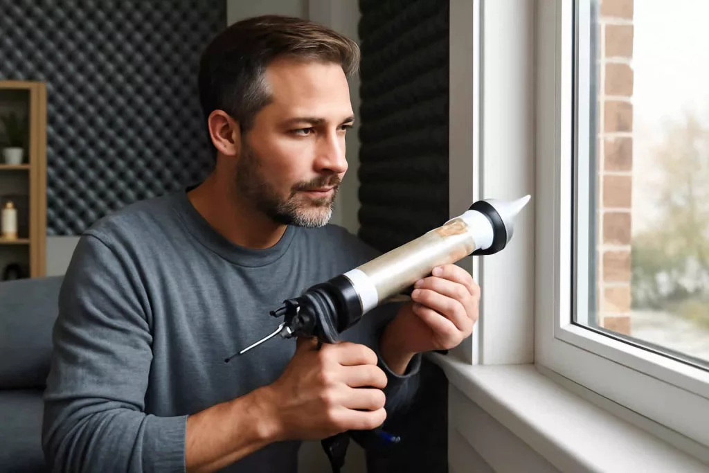 Homeowner applying acoustic caulk with a caulking gun along a window frame for soundproofing
