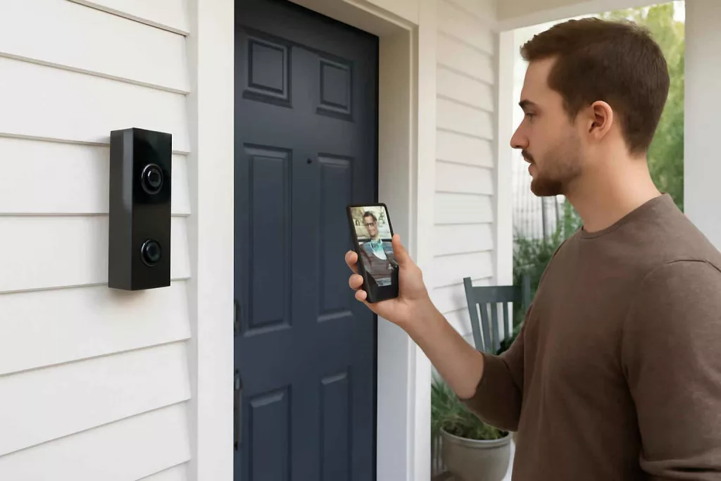 Battery-powered smart video doorbell installed on a modern front porch with homeowner checking live feed on smartphone