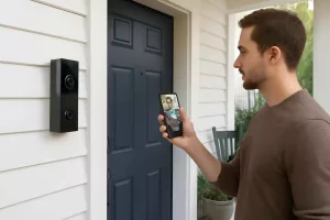 Battery-powered smart video doorbell installed on a modern front porch with homeowner checking live feed on smartphone
