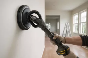 Cordless drywall sander in use on an interior wall during home renovation