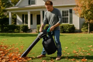 Homeowner using a cordless leaf mulcher in a suburban American garden.