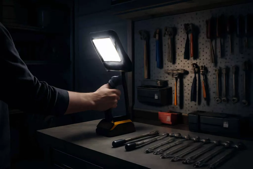 Cordless LED work light illuminating a garage workshop