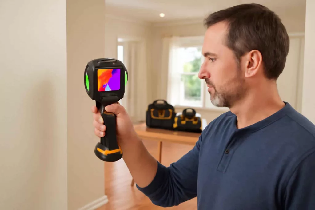 Homeowner using a cordless thermal imaging camera to inspect wall insulation