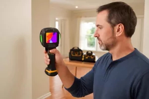 Homeowner using a cordless thermal imaging camera to inspect wall insulation