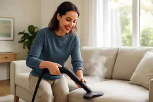 Handheld steam cleaner cleaning upholstery on a sofa