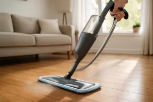 Microfiber spray mop cleaning a hardwood floor