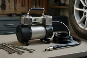Portable air compressor on a garage workbench for home use