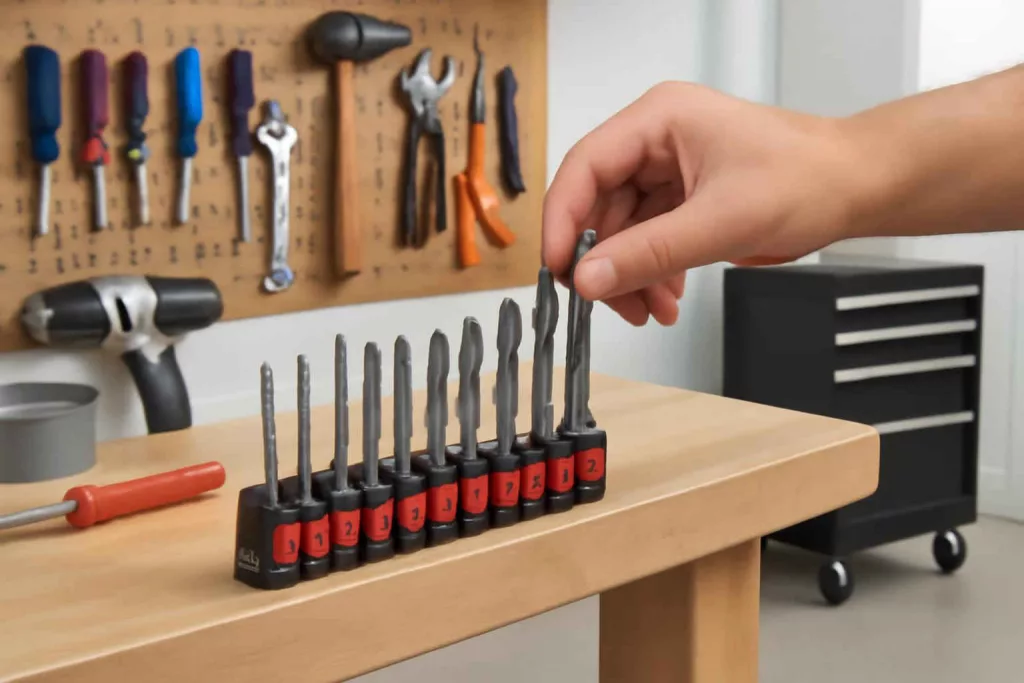 Workshop with a quick-release drill bit organizer mounted on a workbench