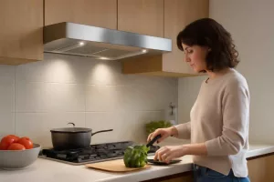Quiet under-cabinet range hood installed in a small modern kitchen