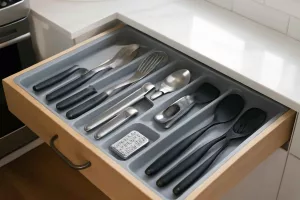 Kitchen drawer lined with silicone drawer liner and organized utensils